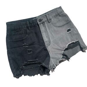 Womens Blue Savvy Boutique Distressed Two Tone Color Block Jean Shorts - Sz 9